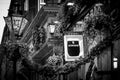 DUBLIN, IRELAND, DECEMBER 24, 2018: Close up of the exterior of the Palace Bar, decorated for Christmas on Fleet Street, with a