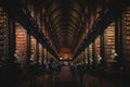 DUBLIN, IRELAND, DECEMBER 21, 2018: The Long Room in the Trinity College Library, home to The Book of Kells. Perspective view of Royalty Free Stock Photo