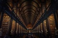 DUBLIN, IRELAND, DECEMBER 21, 2018: The Long Room in the Trinity College Library, home to The Book of Kells. Perspective view of