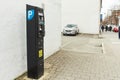 Dublin, Ireland - 04.01.2021: Modern parking pay station on a street allow parkers pay by card or cash Royalty Free Stock Photo