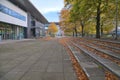 Lots of fallen leaves beside outdoor stairs on campus of University College Dublin