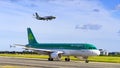 Dublin Ireland 01.04.2020 Ryanair Boeing 737-800  coming in to land while another Are Lingus Airbus A320 Royalty Free Stock Photo