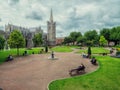 Dublin, Ireland - 07.12.2023: St Patrick\'s Cathedral and park. Warm cloudy day. Popular town landmark and church.