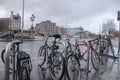 Dublin March 2022: bikes on o'connell street in the rain