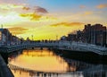 Dublin night scene with Ha`penny bridge and Liffey river lights Royalty Free Stock Photo