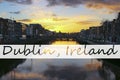 Dublin night scene with Ha`penny bridge and Liffey river lights . Ireland. Photo edited to have the text Dublin, Ireland Royalty Free Stock Photo