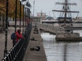 Dublin Quays, River Liffey to Millenium Bridge and Famine Ship Jeanie Johnston Royalty Free Stock Photo