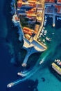 Dubrovnik, Croatia. Aerial landscape. Town and sea. Top view from drone on the old castle and azure sea