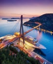 Dubrovnik, Croatia. Aerial view at the cruise ship during sunset. Adventure and travel. Landscape with cruise liner on Adriatic s