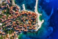 Dubrovnik, Croatia. Aerial view on the old town. Vacation and adventure. Town and sea. Top view from drone at on the old castle an Royalty Free Stock Photo