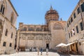 Dubrovnik, Croatia - Aug 20, 2020: Flank facade view of Cathedral of Virgin Mary in repair