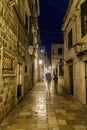 DUBROVNIK, CROATIA - MAY 31, 2019: Evening view of a narrow alley in the old town of Dubrovnik, Croat