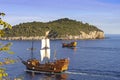 Tirena and Karaka, Tourist replica of Wooden Medieval ships, sailing to old port in Dubrovnik, Croatia, Europe