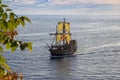 Tirena, Tourist replica of Wooden Medieval ship sailing to old port in Dubrovnik, Croatia, Europe