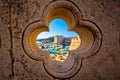 Dubrovnik harbor view from Ploce gate through stone carved detail Royalty Free Stock Photo