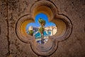 Dubrovnik harbor view from Ploce gate through stone carved detail Royalty Free Stock Photo