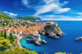 Dubrovnik old town in Croatia. Panoramic aerial view, Dubrovnik landscape. Aerial view at famous european travel destination in