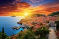 Dubrovnik old town at sunset. Croatia, Europe. Beauty world, Dubai sunset view of downtown covered with, AI Generated