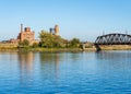 Dubuque Star Brewery and Shot tower by railroad bridge on Mississippi