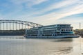 Viking Mississippi river cruise boat docked on waterfront of Dubuque IA