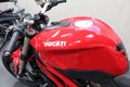 Ducati Streetfighter 848: Motorcycle fuel tank closeup, isolated, red color.