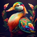 Duck on a background of a beautiful landscape with flowers and lights AI generated