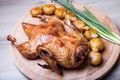 Duck baked whole, with potatoes and garlic.