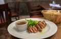 Duck Breast served with plum jam and salad Royalty Free Stock Photo