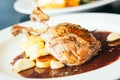 Duck breast steak in white plate Royalty Free Stock Photo