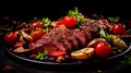 Duck breast with strawberries, tomatoes, nuts and baked potatoes. Healthy and delicious food. Photo for the menu