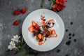 Duck breast with strawberry sauce. bon appetit. Duck breast, strawberry sauce, apple salsa with cinnamon, berries. top Royalty Free Stock Photo