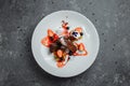 Duck breast with strawberry sauce. bon appetit. Duck breast, strawberry sauce, apple salsa with cinnamon, berries. top food Royalty Free Stock Photo