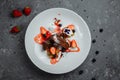 Duck breast with strawberry sauce. bon appetit. Duck breast, strawberry sauce, apple salsa with cinnamon, berries. top food Royalty Free Stock Photo