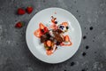 Duck breast with strawberry sauce. bon appetit. Duck breast, strawberry sauce, apple salsa with cinnamon, berries. top food Royalty Free Stock Photo