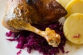 Duck with cabbage and dumplings, baked duck leg, baked duck with red cabbage