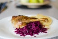 Duck with cabbage and dumplings, baked duck leg, baked duck with red cabbage - shallow of depth