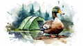 Duck Camping Art Illustration: Precision Painting With Watercolorist Style Royalty Free Stock Photo