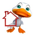 Duck cartoon character with home sign