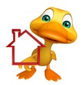 Duck cartoon character with home sign