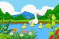 Duck cartoon swimming in lake with landscape background