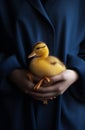 farm close-up yellow girl duckling hand little duck child bird. Generative AI.