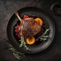 Duck Confit On A Black Round Plate, French Dish. Generative AI