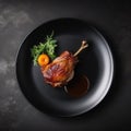 Duck Confit On Black Smooth Round Plate, French Dish. Generative AI