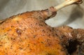 Duck cooked at home golden color. Close. The leg is visible