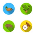 Duck, deer antlers, compass, wild boar.Hunting set collection icons in flat style vector symbol stock illustration web. Royalty Free Stock Photo