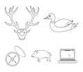 Duck, deer antlers, compass, wild boar.Hunting set collection icons in outline style vector symbol stock illustration