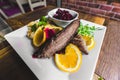 Duck dish. Closeup shot of duck fillet served with potato dumplings and slices of oranges. Combination of modern and