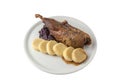 Duck with dumplings on white background