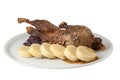 Duck with dumplings on white background