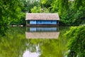 Blue Boat House on Calm Lake, Bucharest, Romania
